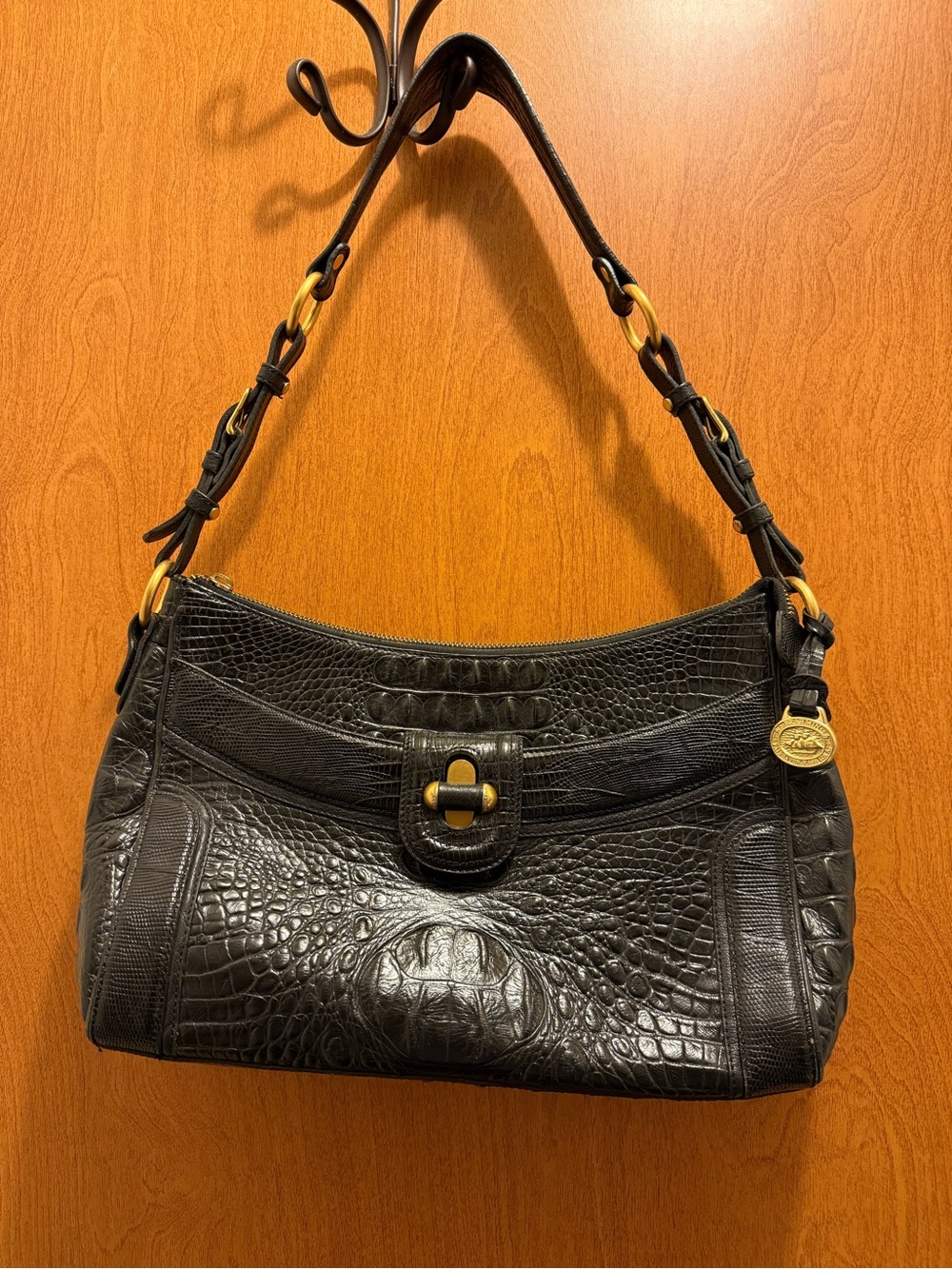 Brahmin Black Croc-Embossed Shoulder Bag with Gold Hardware